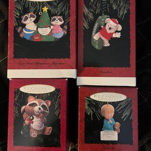 Four Hallmark Keepsake ornaments - couple, grandson, granddaughter, godson